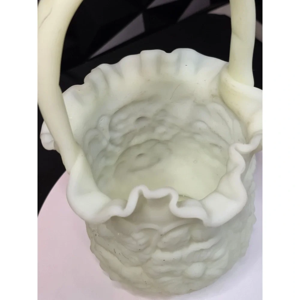 Fenton Custard Glass Poppy Family Basket Ruffled Edge Vintage Art Glass Yellow